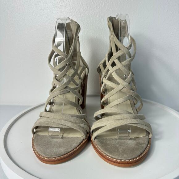 St. Sana Heels Joe Sandals Strappy Suede Leather Block Heel Open Toe Taupe 9 - Picture 11 of 12